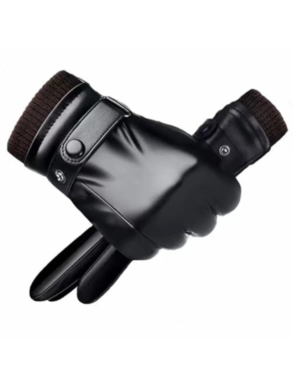 Men's Black Leather Winter Gloves Adjustable Size Touch Screen Cashmere Lining
